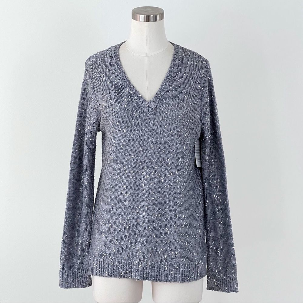JONES NEW YORK Long Sleeve Knit Gray Sequin V-neck Sweater NWT